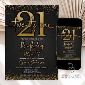 Puede incluir: Invitación a una fiesta de cumpleaños número 21 en negro y dorado con purpurina dorada. La invitación incluye el texto "You're invited to a 21st Birthday Party" y el nombre "Olivia Johnson".