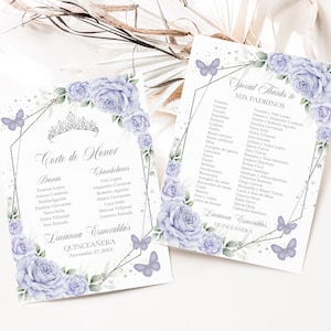 Liste des Mis Padrinos Quinceañera lilas violet et argent, modèle MODIFIABLE princesse 15e anniversaire, téléchargement bricolage lavande Mis coings Anos, Q094