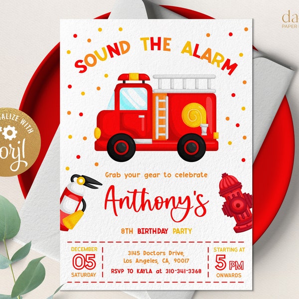 Fire Truck Birthday Invitation, EDITABLE Fireman Party Invitation Template, Fire Engine Invite, Sound The Alarm Boys, Instant Download KP107