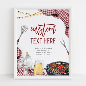Peut inclure: Une affiche imprimable avec un fond à carreaux rouge et blanc, un barbecue, une chope de bière, un biberon et une spatule. Le texte sur l'affiche dit "texte personnalisé ici" et "ajoutez vos propres mots, changez les polices et les couleurs".