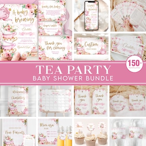 May include: A tea party themed baby shower bundle with over 150 printable templates. The bundle includes invitations, thank you cards, welcome signs, advice for new parents cards, and more. The design features a pink and gold color scheme with teacups, flowers, and a baby carriage.