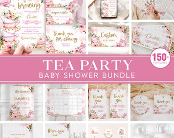 Puede incluir: Un paquete de plantillas imprimibles para una fiesta de baby shower con temática de té con más de 150 plantillas. El paquete incluye invitaciones, tarjetas de agradecimiento, letreros de bienvenida, tarjetas de consejos para nuevos padres y mucho más. El diseño presenta un esquema de color rosa y dorado con tazas de té, flores y un cochecito.