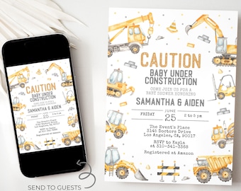 Modern Construction Baby Shower Invitation, EDITABLE Dump Trucks Party Invite, Baby Under Construction, Excavator, Instant Download, BS201