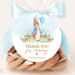 Etiqueta de presente Peter Rabbit, obrigado por ter vindo, etiqueta de lembrança de festa de coelho flopsy EDITÁVEL, festa de aniversário de coelho azul rústico, etiqueta de presente redonda, KP059