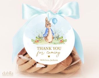 Peter Rabbit Thank You For Coming Gift Tag, EDITABLE Flopsy Bunny Party Favor Tag, Rustic Blue Bunny Birthday Party, Round Gift Tag, KP059
