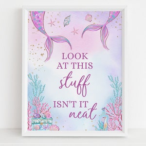 EDITABLE Mermaid Birthday Look at This Stuff Sign, Under The Sea Party, Purple Gold Mermaid Banner, Printable Sign, Instant Download KP030