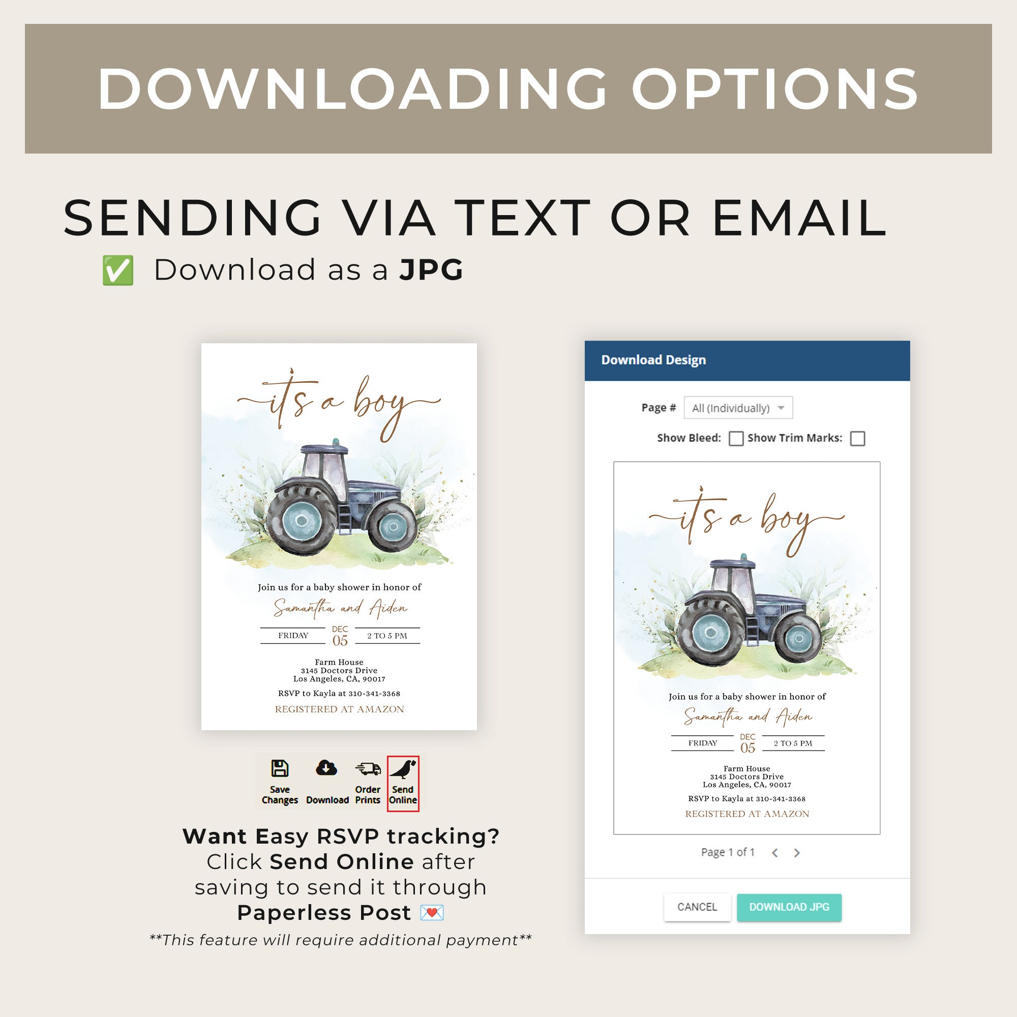 EDITABLE Blue Tractor Baby Shower Invitation Set, Ranch Farm Baby ...