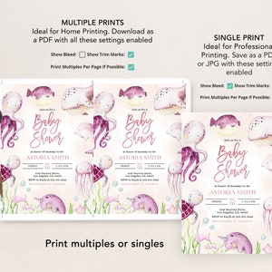 May include: Printable baby shower invitation featuring a pink and purple octopus, a sea turtle, a narwhal, a jellyfish, and a pufferfish. The invitation says "Join us for a Baby Shower in honor of mommy-to-be Astoria Smith".