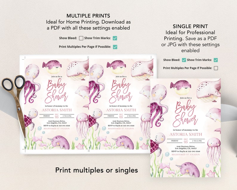 May include: Printable baby shower invitation featuring a pink and purple octopus, a sea turtle, a narwhal, a jellyfish, and a pufferfish. The invitation says "Join us for a Baby Shower in honor of mommy-to-be Astoria Smith".