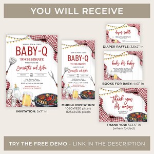 Op de afbeelding: Een set met printbare babyshower-uitnodigingen met een barbecue-thema. De uitnodigingen hebben een rood-wit geruit patroon, een grill, een biertje en een fles. De tekst op de uitnodigingen luidt "Doe mee met een gemengde Baby-Q om de aanstaande ouders Samantha en Aiden te vieren".