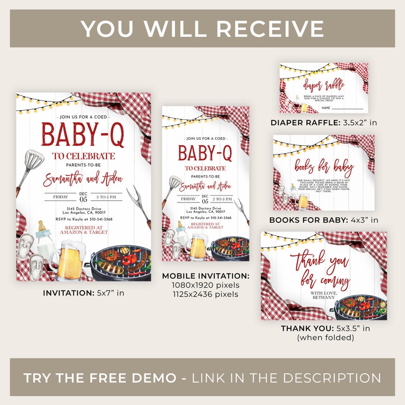 Op de afbeelding: Een set met printbare babyshower-uitnodigingen met een barbecue-thema. De uitnodigingen hebben een rood-wit geruit patroon, een grill, een biertje en een fles. De tekst op de uitnodigingen luidt "Doe mee met een gemengde Baby-Q om de aanstaande ouders Samantha en Aiden te vieren".