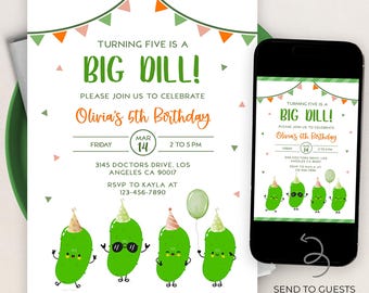 Invitación de cumpleaños de Big Dill, editable, para una fiesta de Big Dill, plantilla para niños de todas las edades, descarga instantánea de una divertida fiesta de pepinillos, KP473