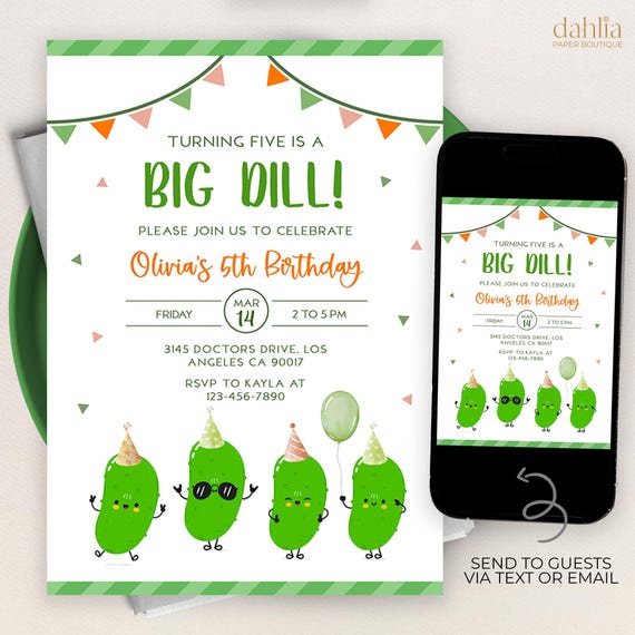Big Dill Birthday Invitation, EDITABLE Kind of a Big Dill Party Invite, Any Age Kids  Template, Funny Pickle Party Instant Download, KP473