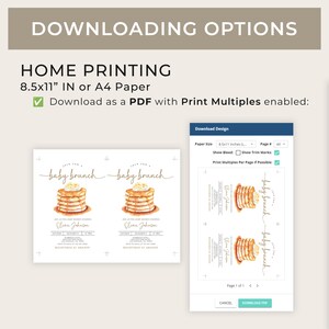 May include: A printable PDF template for a baby shower invitation. The invitation features a watercolor illustration of a stack of pancakes with a white background. The text "This is for a baby brunch" is written in a cursive font. The invitation is designed for 8.5x11 inch paper and can be printed with multiple invitations per page.