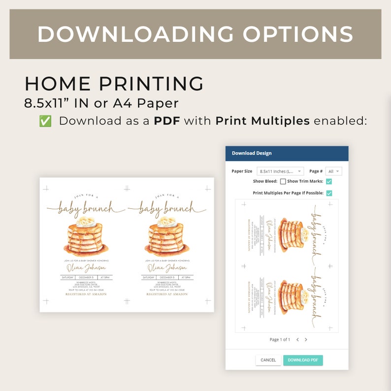 May include: A printable PDF template for a baby shower invitation. The invitation features a watercolor illustration of a stack of pancakes with a white background. The text "This is for a baby brunch" is written in a cursive font. The invitation is designed for 8.5x11 inch paper and can be printed with multiple invitations per page.