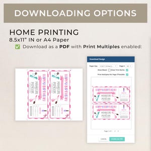 Pu&ograve; includere: PDF stampabile in formato 8,5x11 pollici o A4 di due buoni regalo per una manicure e una pedicure. I buoni regalo sono rosa con strisce bianche e rosa e presentano un flacone di smalto per unghie rosa e blu con un nastro rosa. Il testo sul buono regalo recita "Buon compleanno Manicure Pedicure".