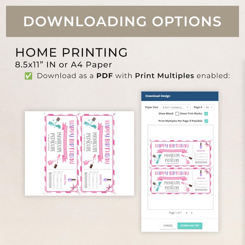 Pu&ograve; includere: PDF stampabile in formato 8,5x11 pollici o A4 di due buoni regalo per una manicure e una pedicure. I buoni regalo sono rosa con strisce bianche e rosa e presentano un flacone di smalto per unghie rosa e blu con un nastro rosa. Il testo sul buono regalo recita "Buon compleanno Manicure Pedicure".