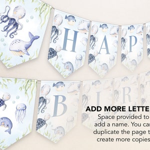 Peut inclure: Une banni&egrave;re bleue et blanche avec les mots "HAPPY BIRTHDAY" imprim&eacute;s dessus. La banni&egrave;re est d&eacute;cor&eacute;e d'illustrations &agrave; l'aquarelle de cr&eacute;atures marines, notamment une pieuvre, une baleine, une tortue et une m&eacute;duse. La banni&egrave;re est con&ccedil;ue pour une f&ecirc;te d'anniversaire.