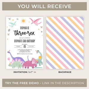 May include: A printable invitation for a 3rd birthday party with a dinosaur theme. The invitation features a pink, green, and blue dinosaur with a party hat and a balloon. The text on the invitation reads "Sophia is three-rex" and includes the date, time, and location of the party. The back of the invitation is a pink, yellow, and purple striped pattern.
