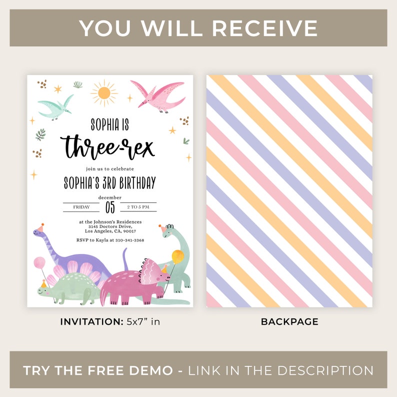 May include: A printable invitation for a 3rd birthday party with a dinosaur theme. The invitation features a pink, green, and blue dinosaur with a party hat and a balloon. The text on the invitation reads "Sophia is three-rex" and includes the date, time, and location of the party. The back of the invitation is a pink, yellow, and purple striped pattern.