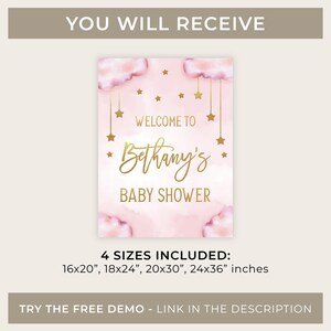 Może przedstawiać: R&oacute;żowo-złoty napis powitalny na baby shower z chmurami i gwiazdami. Napis brzmi "Witamy na baby shower Bethany". Dostępne są cztery rozmiary: 16x20 cali, 18x24 cali, 20x30 cali i 24x36 cali.