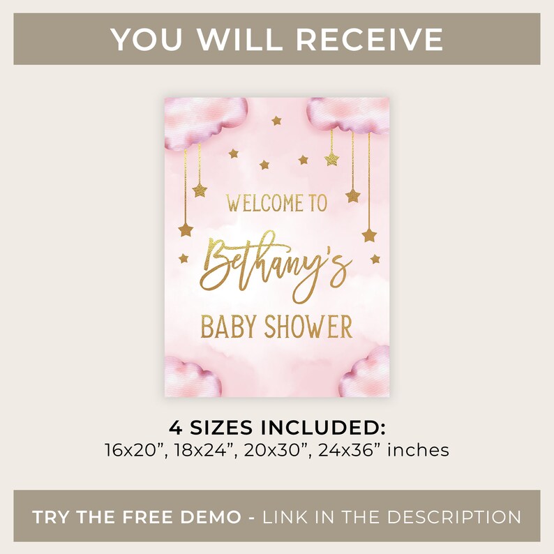 Może przedstawiać: R&oacute;żowo-złoty napis powitalny na baby shower z chmurami i gwiazdami. Napis brzmi "Witamy na baby shower Bethany". Dostępne są cztery rozmiary: 16x20 cali, 18x24 cali, 20x30 cali i 24x36 cali.