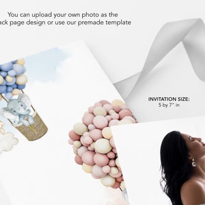 May include: Two invitation designs featuring a watercolor illustration of a hot air balloon with an elephant and a cluster of pastel balloons. The invitation size is 5 by 7 inches.