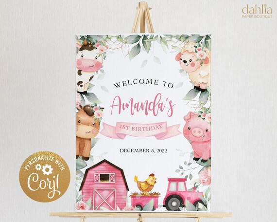 Farm Birthday Welcome Sign, EDITABLE Barn Animal Kid's Party Banner, Ranch Girl Sign Template, Floral Pink Animals, Instant Download KP082 Il_570xn