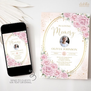 Pink Floral Funeral Invitation, Editable Funeral Announcement Template, Memorial Service Reception Digital Invite, Celebration Of Life Evite