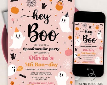 May include: Pink Halloween party invitation with the text "hey Boo" and ghost illustrations. The invitation includes details for Olivia's 5th Boo-day party, with a matching design on a smartphone screen.