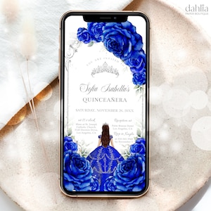 Royal Blue and Silver Arch Quinceañera Digital Invite, EDITABLE 15th Birthday Evite, Mis Quince Anos Party, Sweet 16 Text Invitation, Q071