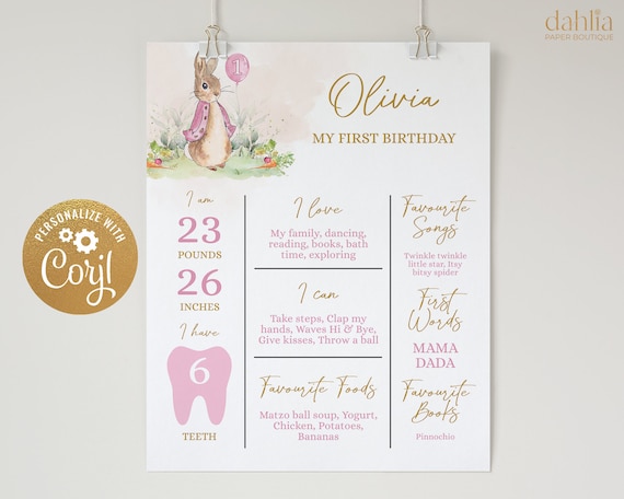 Peter Rabbit First Birthday Milestone Poster, EDITABLE Birthday Sign Template, Baby's 1st Birthday, Rustic Bunny, Instant Download, Corjl Il_570xn