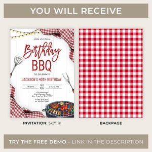 BBQ Birthday Invitation, EDITABLE Red Gingham Backyard Party Template ...