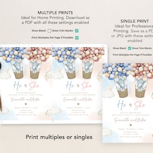 Elephant Gender Reveal Invitation, Hot Air Balloon Gender Reveal Invite Template, He Or She, Boy Or Girl, Boho Watercolor Elephant, GR011 image 5
