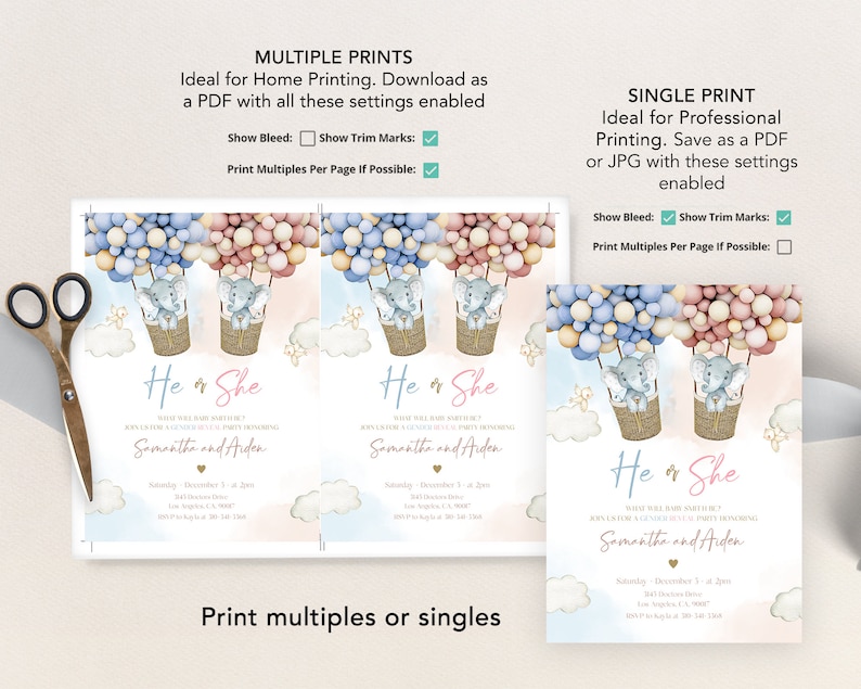 Elephant Gender Reveal Invitation, Hot Air Balloon Gender Reveal Invite Template, He Or She, Boy Or Girl, Boho Watercolor Elephant, GR011 image 5
