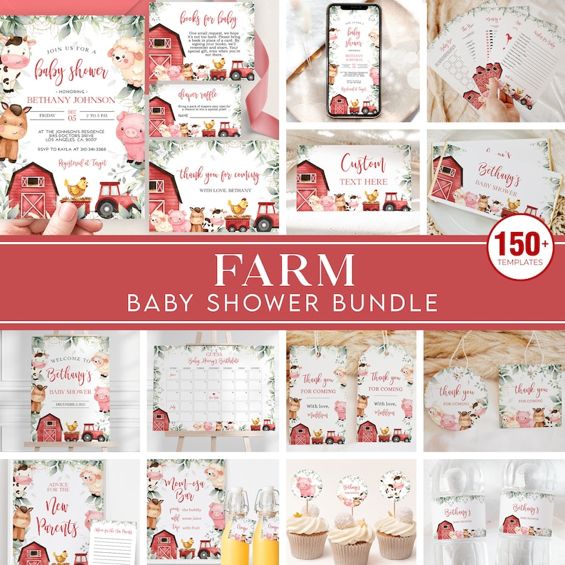 May include: A farm-themed baby shower bundle with over 150 printable templates. The bundle includes invitations, thank you cards, games, decorations, and more. The designs feature cute farm animals such as pigs, cows, and chickens, along with a red barn and a tractor.