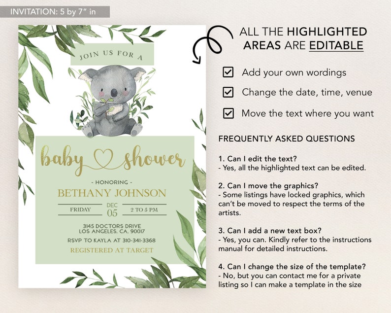 EDITABLE Koala Baby Shower Invitation Template Printable | Etsy