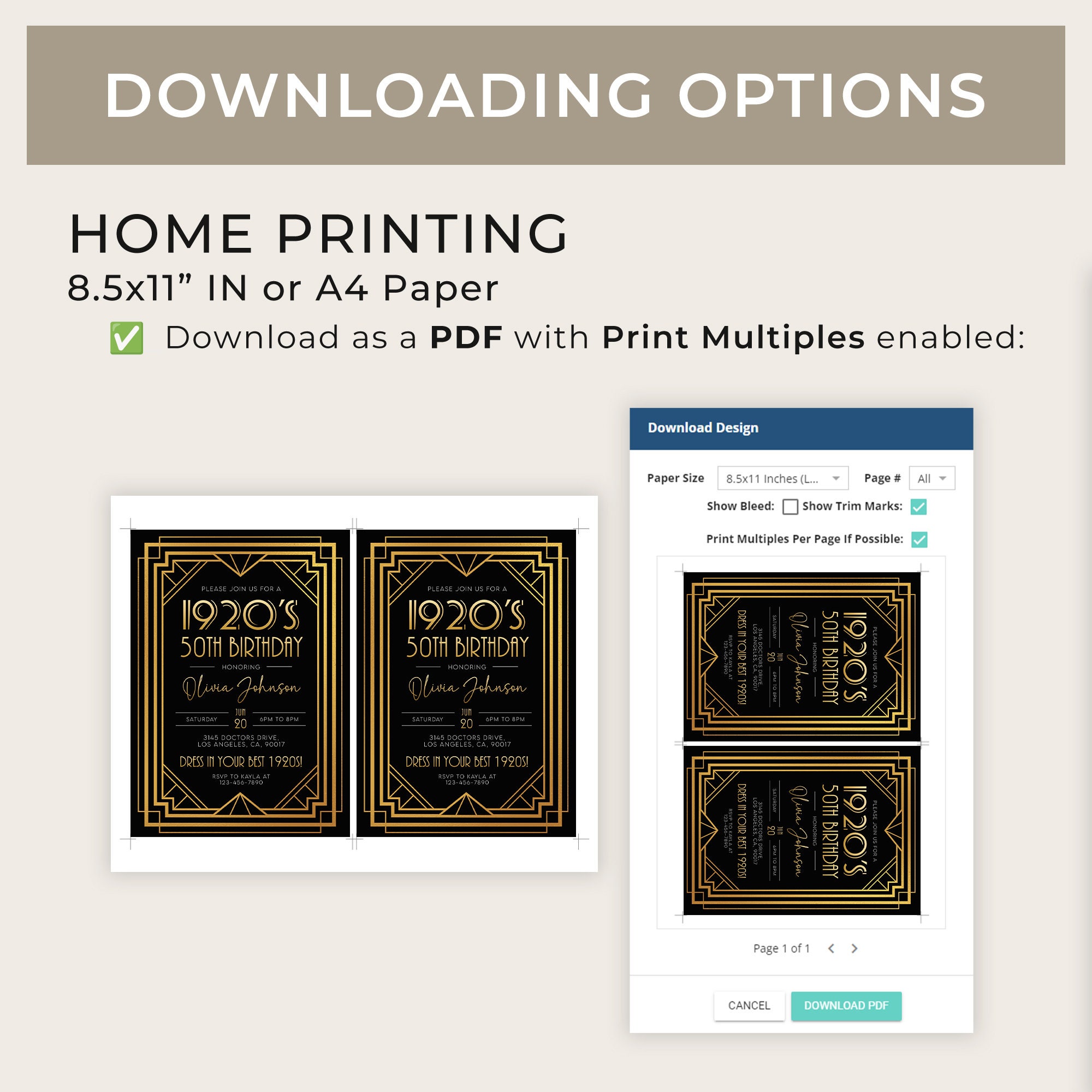 Editable 1920s Art Deco Birthday Invitation, 30th 40th 50th Birthday ...