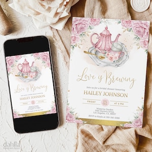 Bridal Shower Tea Party Invitation, Love is Brewing Bridal Brunch Invite, Blush Pink Gold Floral Par-Tea, Printable Editable Template, BR004
