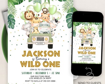 Invitación Wild One Birthday Boy, plantilla de invitación a fiesta de animales de Safari EDITABLE, primer cumpleaños del tema Jungle Safari, descarga instantánea, KP084