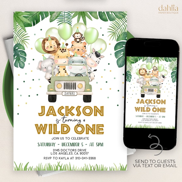 Wild One Birthday Boy Invitation, EDITABLE Safari Animals Party Invite Template, Jungle Safari Theme First Birthday, Instant Download, KP084