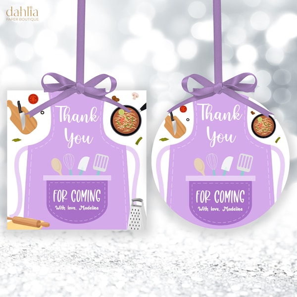 Cooking Thank You Gift Tag, EDITABLE Baking Birthday Label, Purple Little Chef Round Party Favor, Girl Kitchen Party Square Tag, Kids, KP213