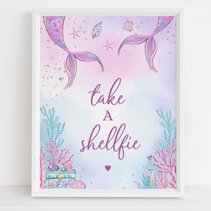 Cumpleaños de sirena EDITABLE tomar un letrero de Shellfie, fiesta bajo el mar, fotomatón, estandarte de oro púrpura, letrero imprimible, descarga instantánea KP030