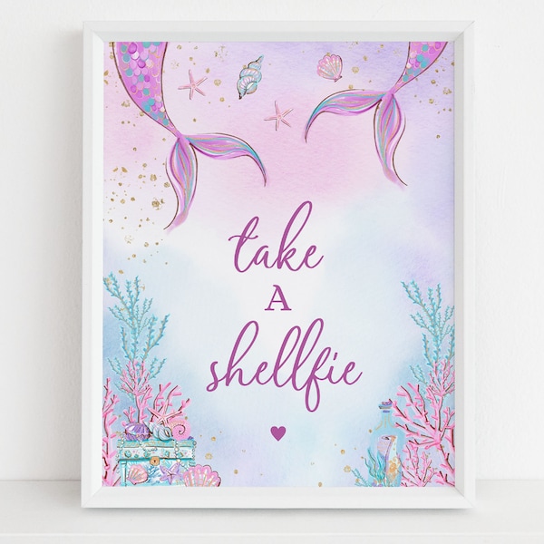 EDITABLE Mermaid Birthday Take A Shellfie Sign, Under The Sea Party, Photo Booth, Purple Gold Banner, Printable Sign, Instant Download KP030