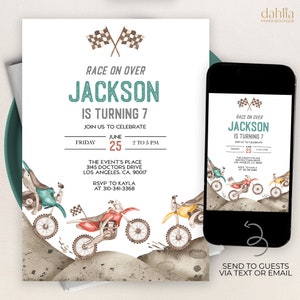 Dirt Bike Geburtstagseinladung, EDITIERBARE moderne Rassenparty Einladungsvorlage, Junge Geburtstag im Freien, Kinder Motorräder, Sofort Download KP187