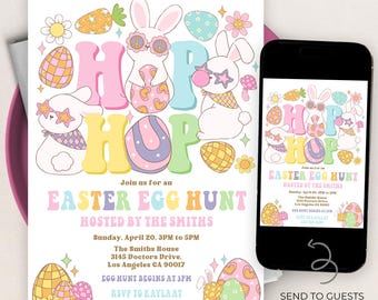 Retro Ostereiersuche Einladung, bearbeitbare bunte Osterhase Brunch Party Vorlage, Groovy Bunnies Geburtstag einladen, Sofort Download