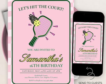 Pickleball Birthday Invitation, Editable Summer Sports Party Invite, Swing On By, Preppy Tween Printable Template, Instant Download, KP609