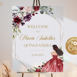 Quinceañera Welcome Sign, EDITABLE Burgundy and Gold Party Decor, Red Floral Quinceañera Banner, Mis Quince Anos, 15th Birthday Party, Q005