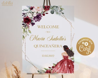 Peut inclure: Une pancarte de bienvenue pour une Quinceañera, avec un cadre géométrique doré orné d'accents floraux, le texte "Bienvenue à Maria Isabella's Quinceañera 12.05.2022", et une illustration aquarelle d'une fille en robe rouge.