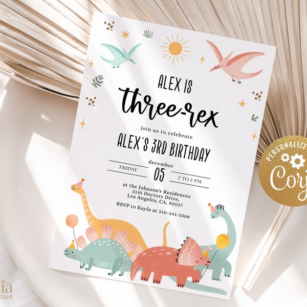 EDITABLE Dinosaur Birthday Invitation, Three-Rex Party Invite Template, Colorful Dino Island, Jurassic Kids Birthday, Instant Download KP124